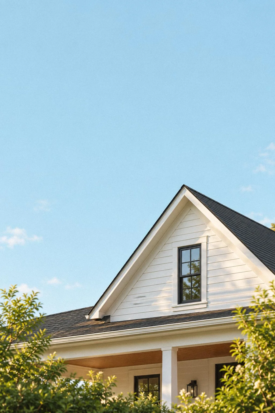 A white farmhouse gable against a clear sky